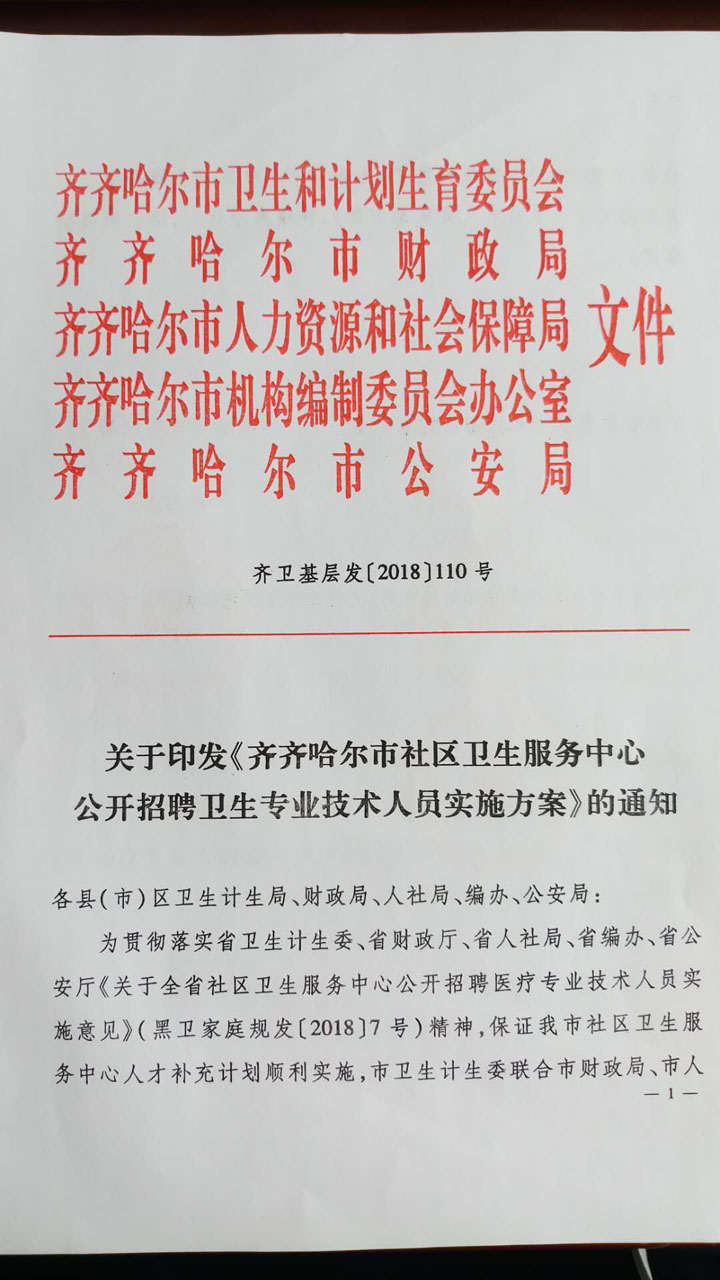 2018年齐齐哈尔市社区卫生服务中心公开招聘卫生专业技术人员实施方案