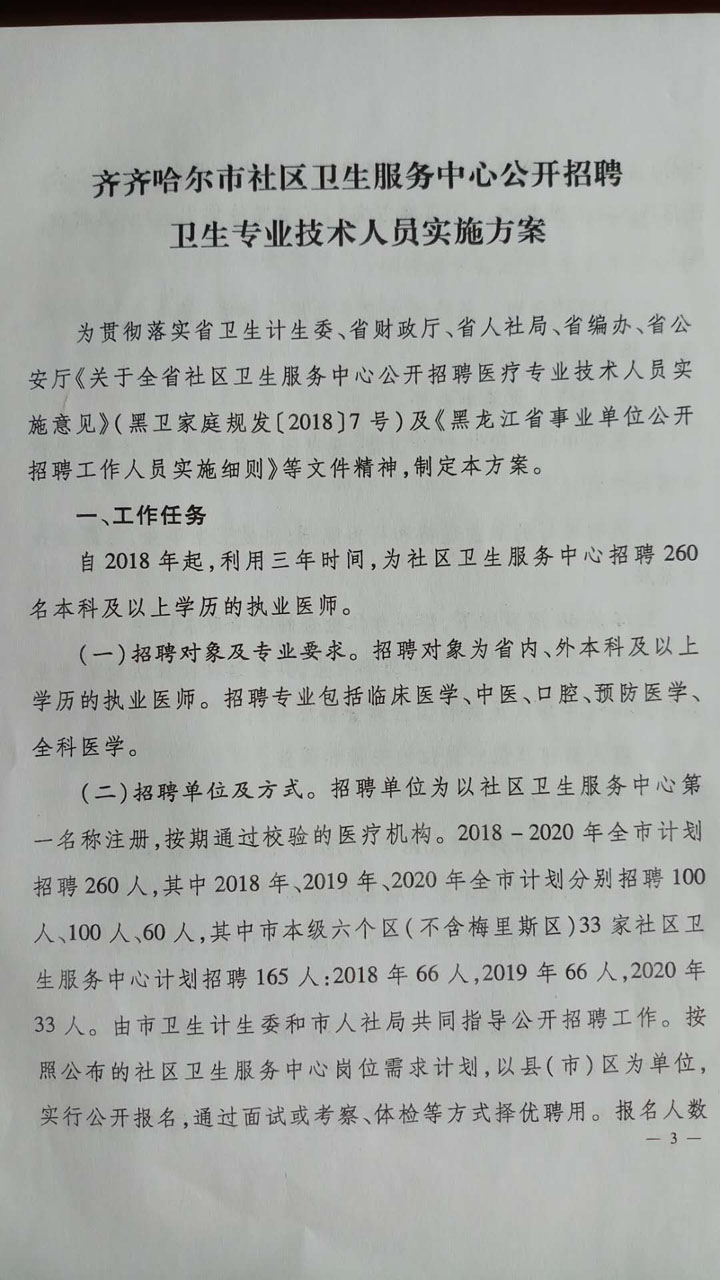 2018年齐齐哈尔市社区卫生服务中心公开招聘卫生专业技术人员实施方案