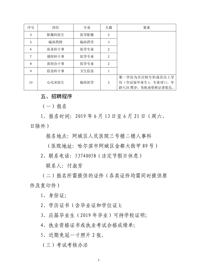 2019年6月哈尔滨市阿城区人民医院【黑龙江省】招聘编制外合同制医务人员公告公布啦！