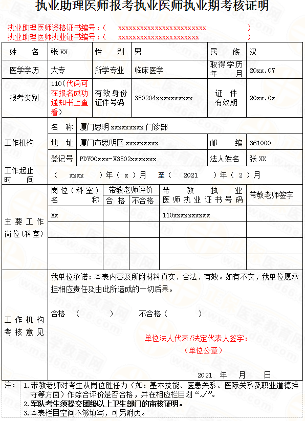 大专助理考执业医师试用期考核证明