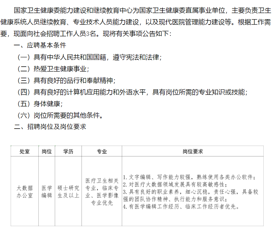 【北京】2021年国家卫生健康委能力建设和继续教育中心面向社会招聘医学编辑岗位啦1