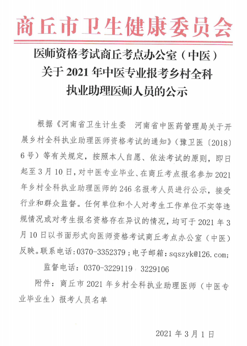 商丘市2021年乡村全科执业助理医师（中医专业毕业生）报考人员名单