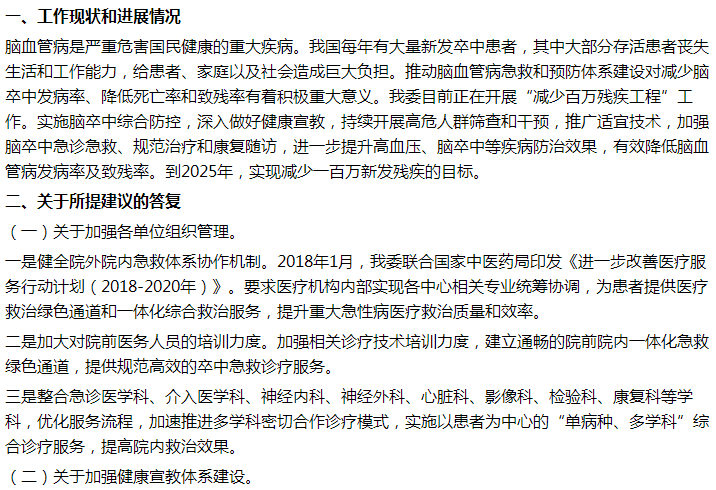 国家卫健委关于加强脑卒中急救体系建设的建议答复！