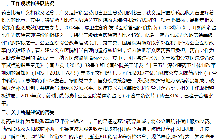 国家关于适当放宽或取消药占比考核指标的建议答复