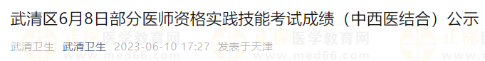 武清区6月8日部分医师资格实践技能考试成绩（中西医结合）公示