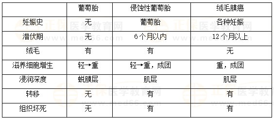 绒癌、侵蚀性葡萄胎、葡萄胎的鉴别