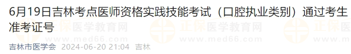 6月19日吉林考点医师资格实践技能考试（口腔执业类别）通过考生准考证号